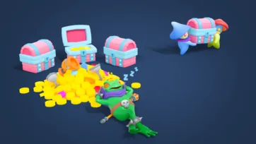 Adventure Land 3D low poly treasure chests with gold coins, sleeping pirate character, and nautical adventure theme elements