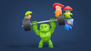 Adventure Land 3D low poly green mushroom character lifting weights with smaller mushroom companions, fitness theme character scene