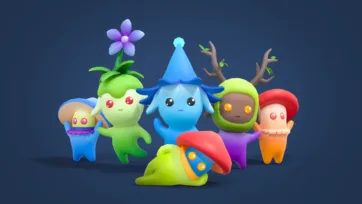 Adventure Land 3D low poly cute creature collection including wizard, plant character, tree sprite, and colorful fantasy beings