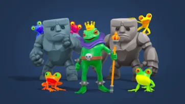 Adventure Land 3D low poly character lineup featuring stone golems, frog king, and boss enemy characters on dark background