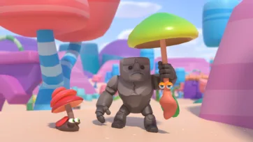Adventure Land 3D low poly stone golem with umbrella mushroom and various colorful characters in whimsical tropical landscape