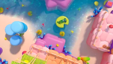 Adventure Land 3D low poly aerial view showcasing water features, floating platforms, lily pads, and aquatic environment elements
