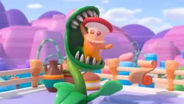 Adventure Land 3D low poly carnivorous plant monster character with sharp teeth and orange victim, detailed creature design showcase