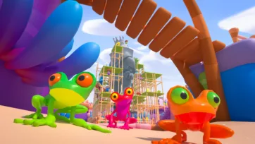 Adventure Land 3D low poly colorful frog characters at construction site with scaffolding tower and stone statue in tropical environment