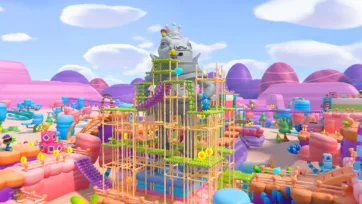 Adventure Land 3D low poly king statue tower complex featuring massive stone figure, green scaffolding, and vibrant tropical environment