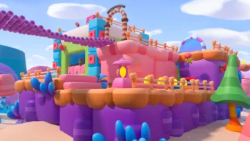 Adventure Land 3D low poly floating platform castle structure with colorful buildings, spiral towers, and whimsical cartoon architecture