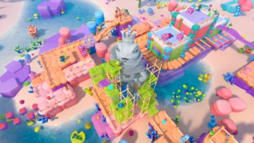 Adventure Land 3D low poly giant statue with construction scaffolding, stone king figure, and colorful tropical island platforms with water features