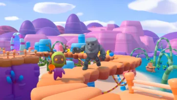 Adventure Land 3D low poly adventure characters with mountain vista background featuring colorful landscape and character interactions