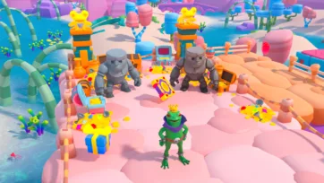 Adventure Land 3D low poly character collection on beach including stone golems, frog king, and various creatures in tropical setting