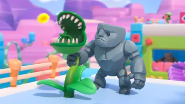 Adventure Land 3D low poly monster characters on platform including green creature and stone golem in colorful game scene