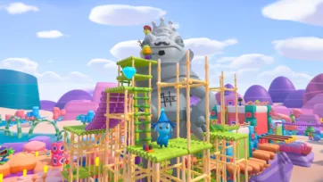 Adventure Land 3D low poly king character with crown at construction site featuring scaffolding and building elements