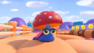 Adventure Land 3D low poly mushroom character on wooden platform showcasing cute creature design and environmental integration