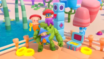 Adventure Land 3D low poly character group featuring robot, adventurer, and creature characters in colorful tropical game environment