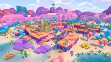 Adventure Land 3D low poly complete island landscape overview showing full environmental pack with mountains, platforms, and tropical elements