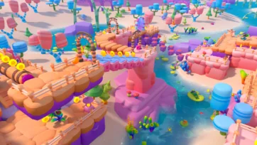 Adventure Land 3D low poly water level design with floating platforms, aquatic features, and tropical vegetation elements