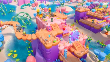 Adventure Land 3D low poly character assembly scene featuring various creatures and NPCs in vibrant tropical island setting