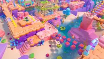 Adventure Land 3D low poly pack detailed view showing construction scaffolding, wooden platforms, and architectural building elements