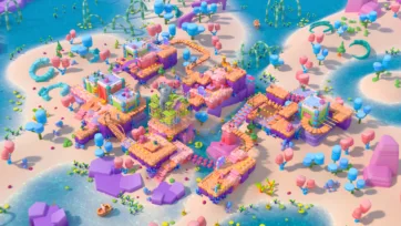 Adventure Land 3D low poly modular platform system with water features, bridges, and interconnected island segments in tropical setting