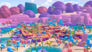 Adventure Land 3D low poly island scene with mountain backdrop, floating platforms, and whimsical cartoon-style environmental elements in bright colors