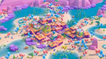 Adventure Land 3D low poly pack overview showing colorful tropical island with interconnected platforms, palm trees, crystal blue waters, and vibrant pink purple landscape