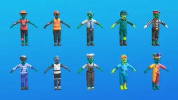 3D low poly zombie characters displaying various costume designs and professional outfits