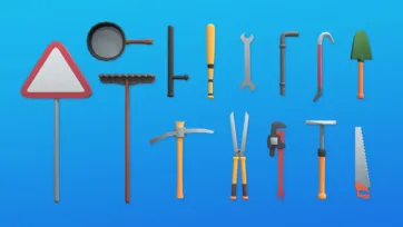 Collection of 3D low poly zombie weapons and tools including signs, wrench, hammer, scissors and saw