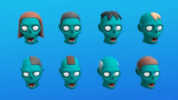 3D low poly zombie heads showing various hairstyle options and hair colors