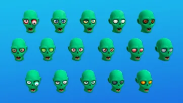 3D low poly zombie heads with different eye variations in green skin tone