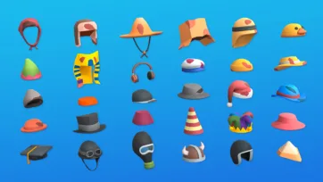 Collection of 3D low poly zombie hats and headwear accessories including helmets, caps and masks