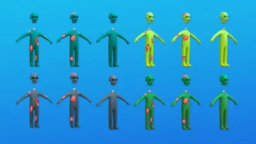3D low poly zombie character body parts showing different skin tones and damage variations