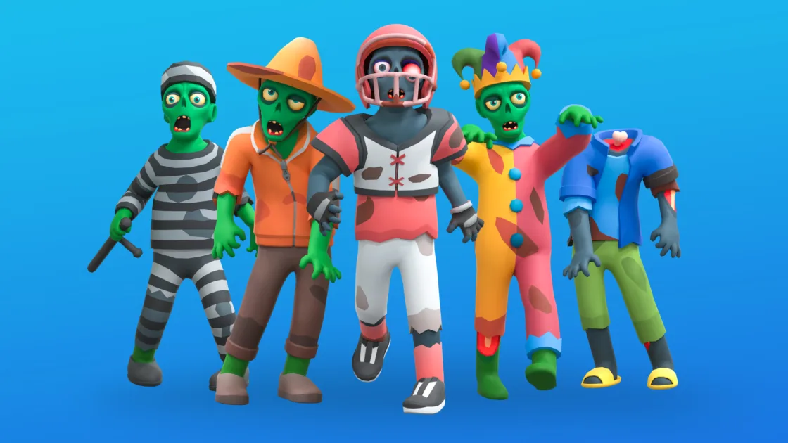 Team lineup of 3D low poly zombie characters with unique costumes and accessories