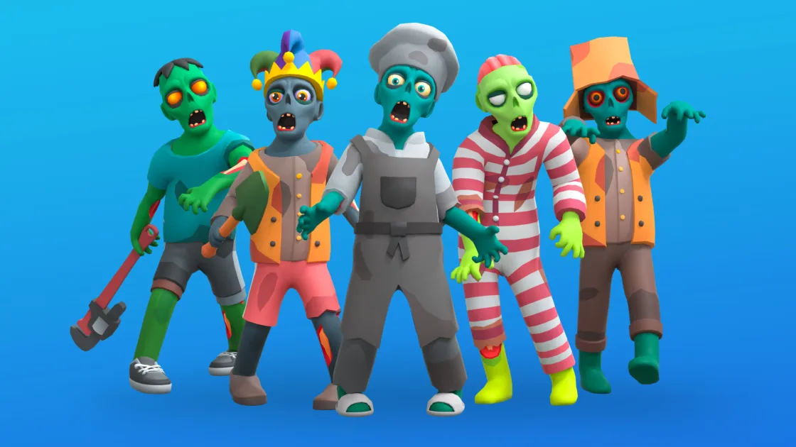 Group of five 3D low poly zombie characters in standing poses with different outfits