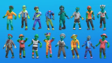 3D low poly zombie characters displaying various costume options and accessories