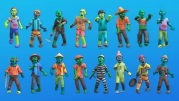 Group of 3D low poly zombie characters featuring diverse outfit designs and color schemes