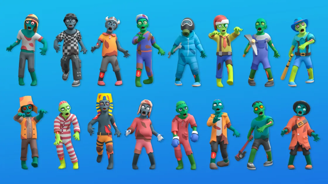 Showcase of 3D low poly zombie character models with diverse costumes and styles