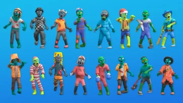 Showcase of 3D low poly zombie character models with diverse costumes and styles