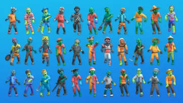 Various 3D low poly zombie characters showing different clothing and accessory combinations