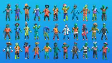Collection of 3D low poly zombie character variations with different outfits and accessories displayed in rows