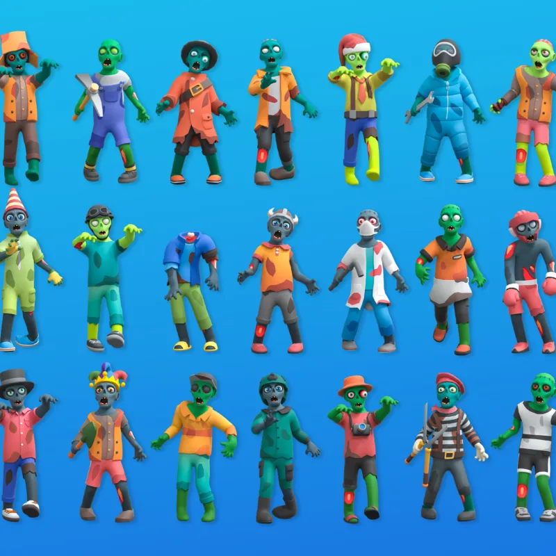 Collection of 3D low poly zombie character variations with different outfits and accessories displayed in rows