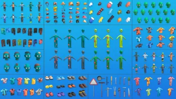 3D low poly zombie character customization options showing heads, hats, pants, shirts, shoes, accessories and tools on blue background