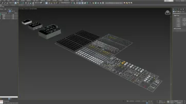 3ds Max interface displaying sci-fi props pack with modular architecture and environmental assets for game engines