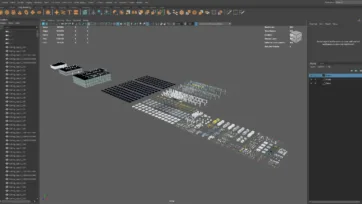 Maya viewport showing low-poly sci-fi asset library with construction elements optimized for real-time rendering