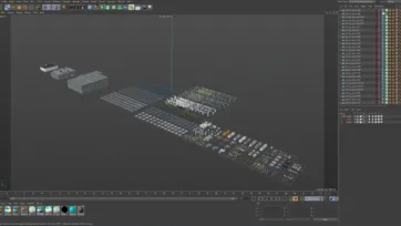 Cinema 4D workspace displaying full sci-fi environment kit with 3D props arranged for game development workflow