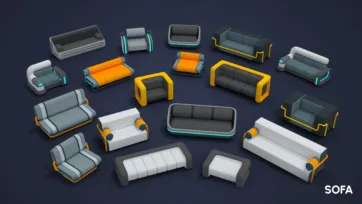 Futuristic sofa and seating collection with glowing accent lighting in yellow, cyan and orange color variations