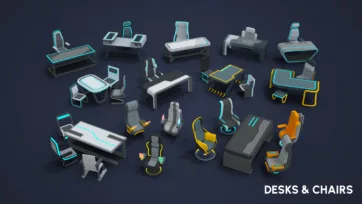 Sci-fi office furniture collection including workstations, examination tables, command chairs and ergonomic seating designs