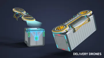 Large-scale futuristic delivery drones with rotating propellers, cargo attachment points and illuminated thrusters