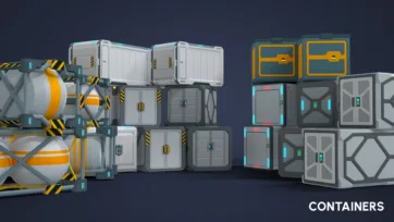 Modular sci-fi cargo containers and storage units with sliding doors, hazard markings and color-coded access panels