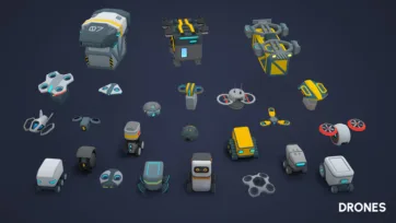 Futuristic drones and robots collection with quadcopters, delivery vehicles and automated surveillance units for sci-fi games