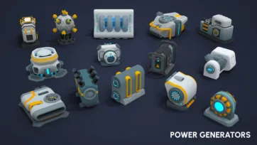Sci-fi power generators and energy systems collection including fusion reactors, battery units and industrial power equipment