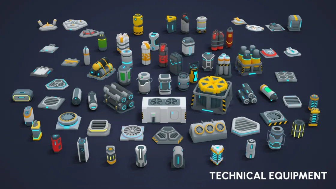 Technical sci-fi equipment collection including generators, fans, batteries and industrial machinery props